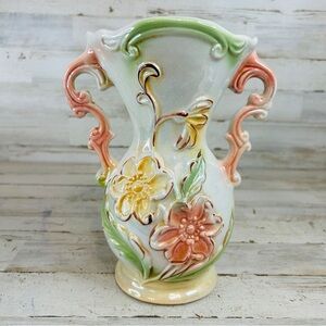 Vintage 8” Lusterware Double Handled Vase Pink Green Relief Made In Brazil #1925